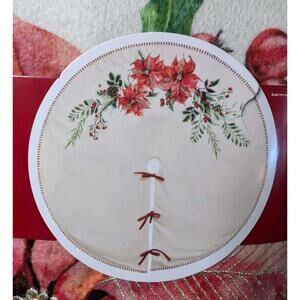 Holiday Time Velvet Embroidered Poinsettia Christmas Tree Skirt Off-White 54"